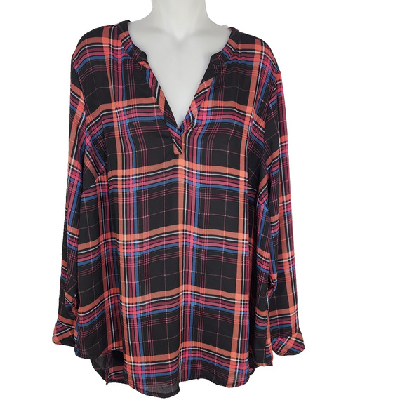 Torrid Blouse Womens Georgette Hi Low Pullover Long Sleeve Plaid Size 2X Sheer - Picture 1 of 10